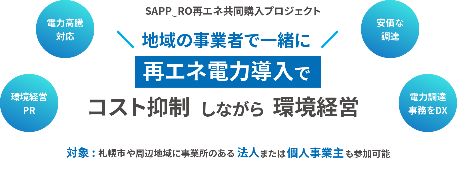 電力高騰対応 安価な調達 環境経営PR 電力調達事務をDX SAPP⏝RO再エネ共同購入プロジェクト 地域の事業者で一緒に再エネ電力導入でコスト抑制しながら環境経営 対象 : 札幌市や周辺地域に事業所のある法人または個人事業主も参加可能